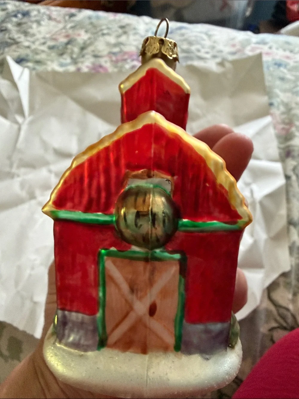 Bronners Glass Red Barn Ornament with Gold Roof